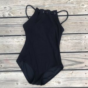 Michael Kors Black One Piece Swim High Neck Halter Drawstring Cinch Ribbed